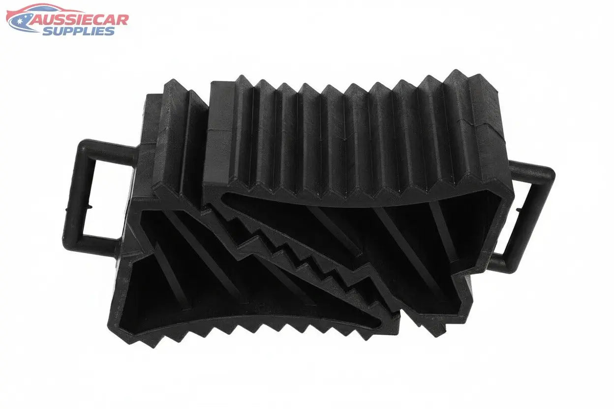 Car wheel chock with features highlighted on a white background