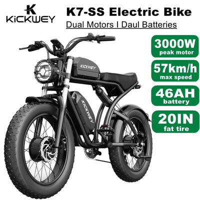 Kickwey 3000W Dual Motor Electric Bike 20” Fat Tyre 46Ah Dual Battery E-Bike AussieCarSupplies