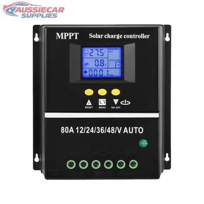 MPPT solar charge controller with digital display on a white background