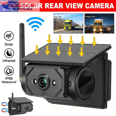 Solar rear view camera with features highlighted on a white background