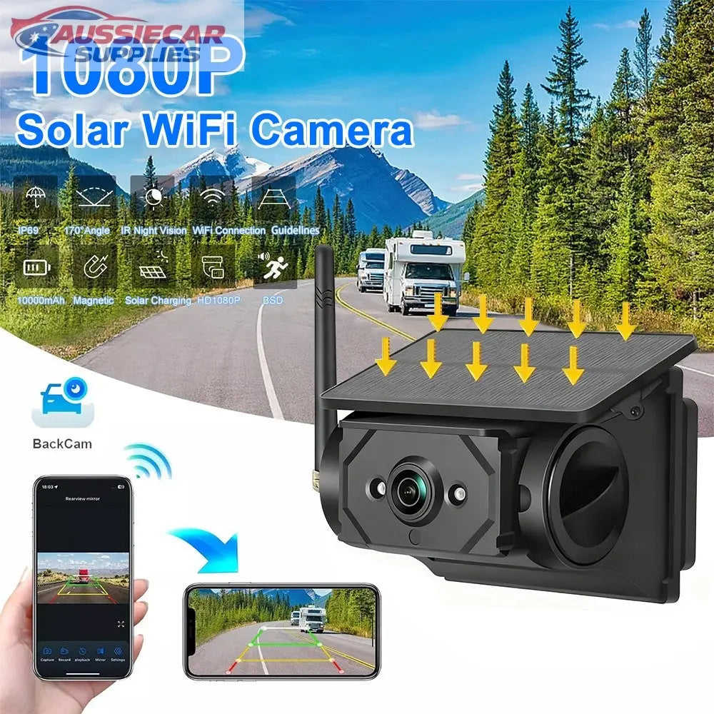 Solar Rear View Camera For Rv 1080P Solar WiFi Camera with smartphone app interface on a scenic road ...