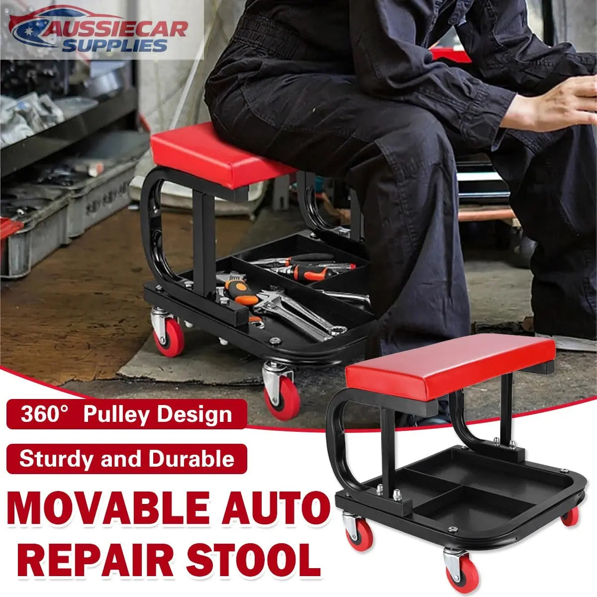 Movable auto repair stool with tools in a workshop setting