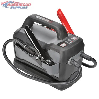 Jump starter with clamps on a white background, featuring Aussiecar Supplies branding.