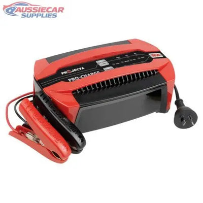 projecta pc1600 Red and black battery charger with clamps on a white background