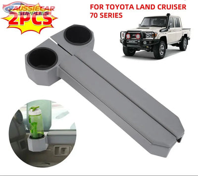 Car cup holder for Toyota Land Cruiser 70 Series with promotional text and truck image.