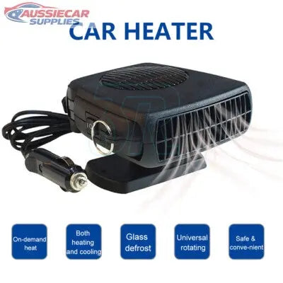 Car heater with features listed on a white background