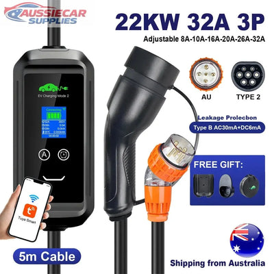 Portable EV Charger Type 2 – 22KW 32A 3-Phase Charging Cable 7M AU Plug Bluetooth APP AussieCarSupplies