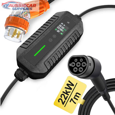 Electric vehicle charging cable set with connectors and digital display on a white background