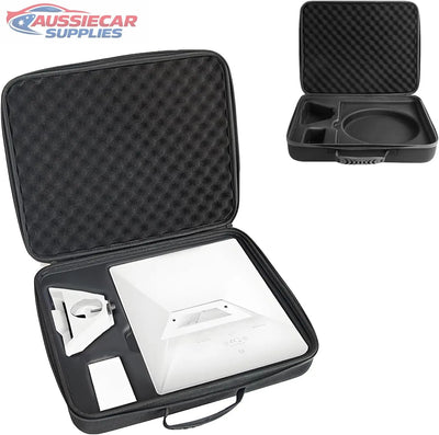 Black foam-lined travel case with starlink mini white electronic device inside on a white background