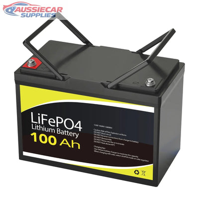 Lithium battery with 'LiFePO4' and '100 Ah' label on a white background