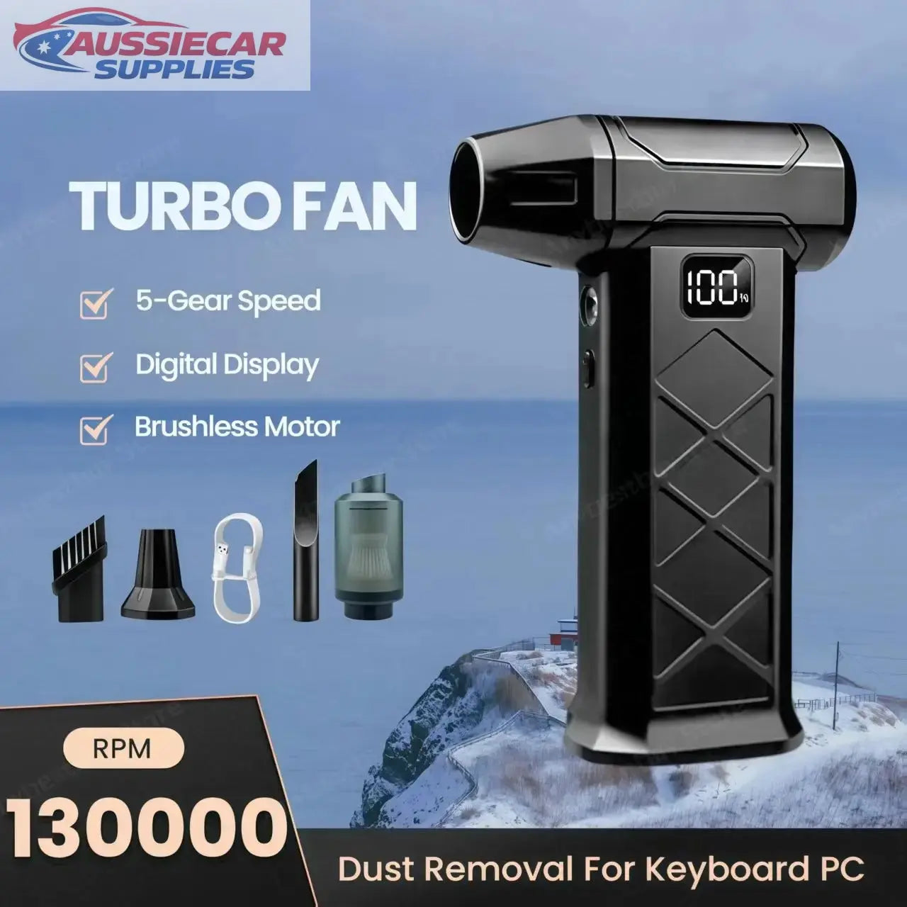 Turbo fan with digital display and attachments on a snowy mountain ...