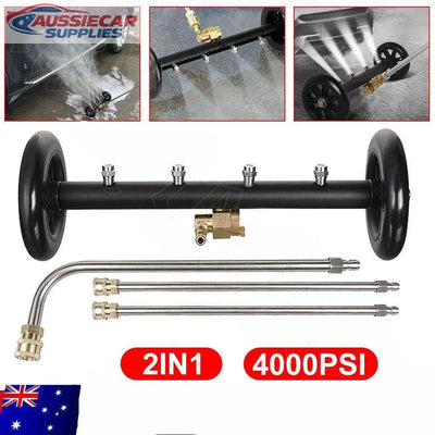 High pressure washer with nozzles and attachments on a white background