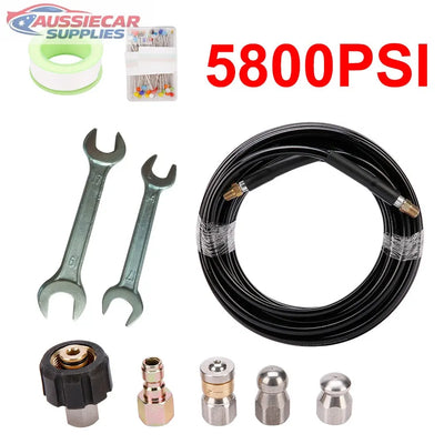 Pneumatic tool kit with various components and a hose, featuring 5800 PSI text.