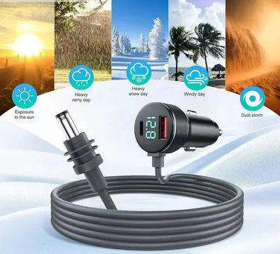Car charger with digital display on a white background with weather icons indicating durability.