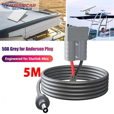 starlink mini plug anderson Gray power cable with Anderson plug for Starlink Mini, shown on a boat background.