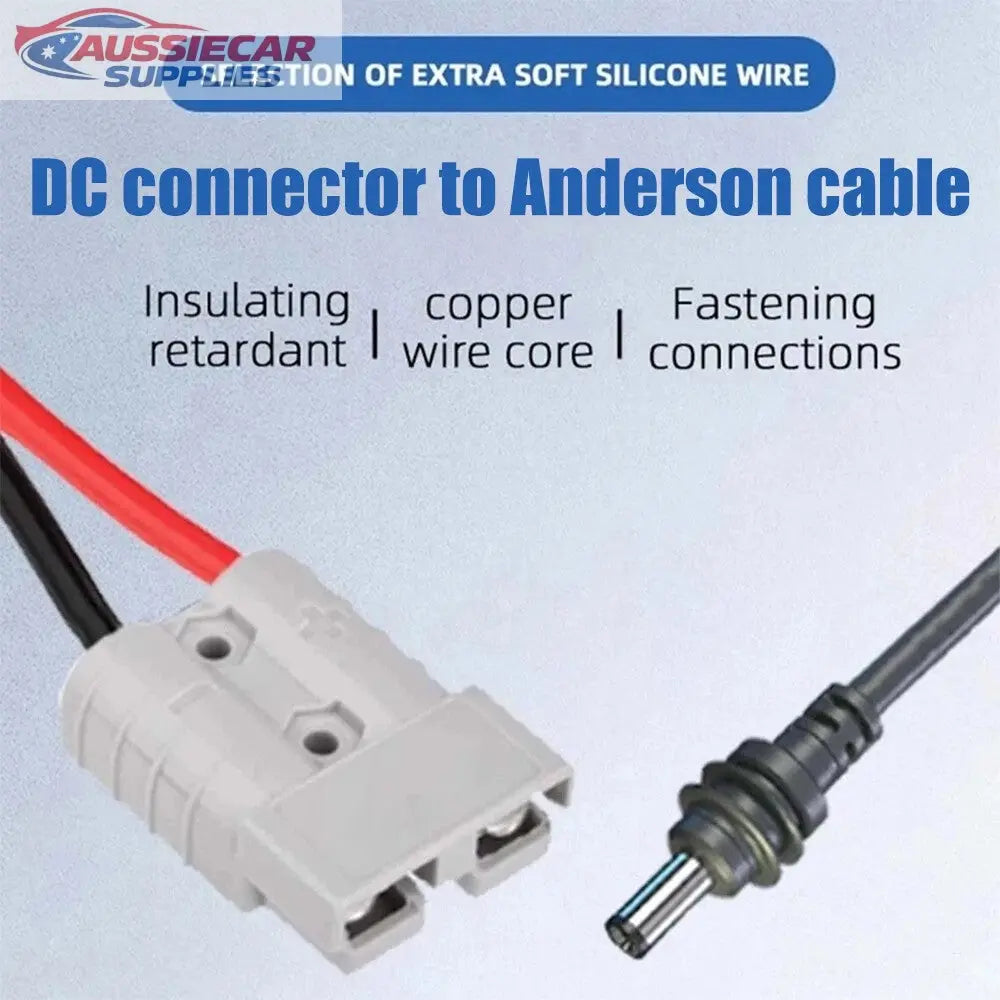 DC connector to Anderson cable with text on a light blue background