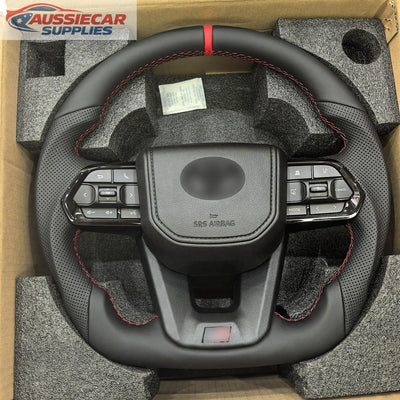 Toyota GR Style Leather Steering Wheel – LandCruiser 200 / 300 / 70 Series & Hilux (Red Stitch D-Shape Performance Wheel)