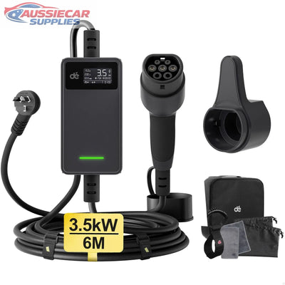 byd tesla 3.5KW , 6m Electric vehicle charging cable set with display, plug, and accessories on a white background