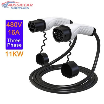 Electric vehicle charging cable with connectors and specifications on a white background