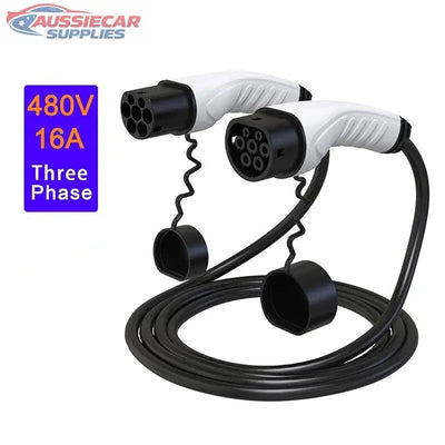 Electric vehicle charging cable with connectors and specifications on a white background