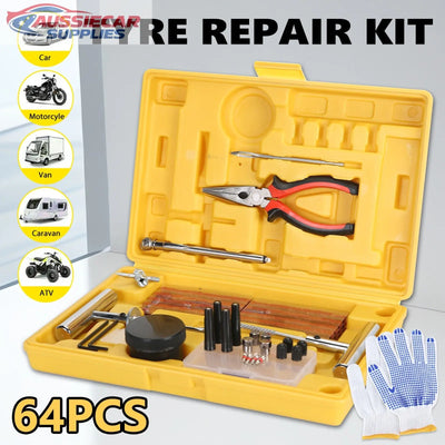 Tyre repair kit with tools and gloves on a white background