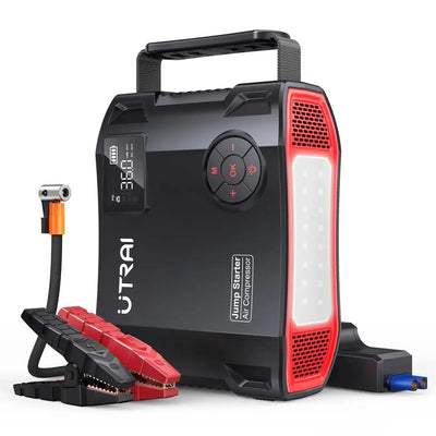 Black and red UTRAI jump starter with air compressor on a white background