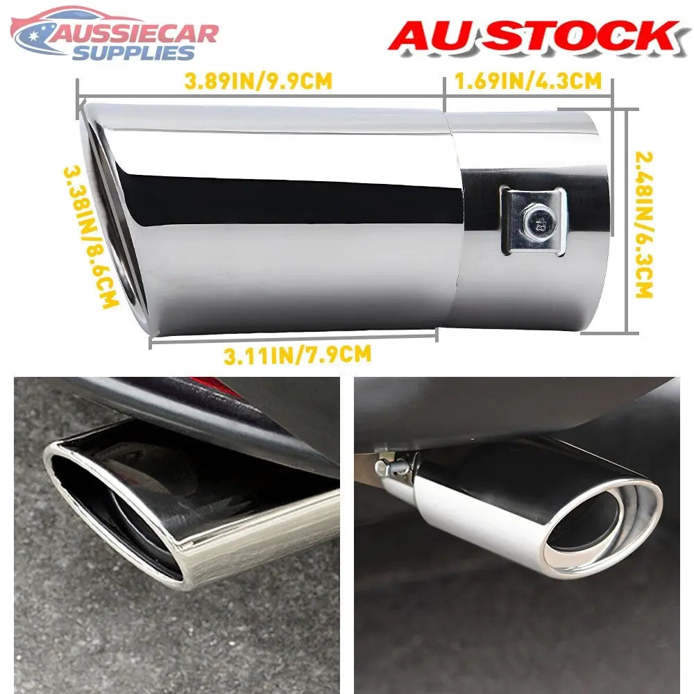 Car exhaust tip with measurements and 'AU Stock' branding