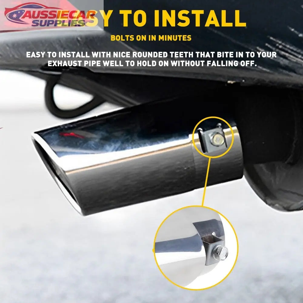 Car exhaust tip with installation instructions and close-up of bolt on ...