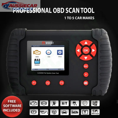 Professional OBD scan tool with Vident branding on a dark background
