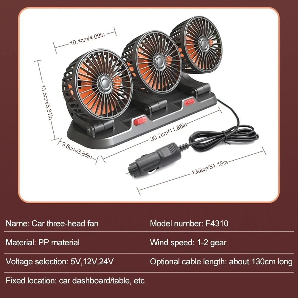 3 Head Car Fan 360° Adjustable  USB, 12V, 24V Automotive Fan