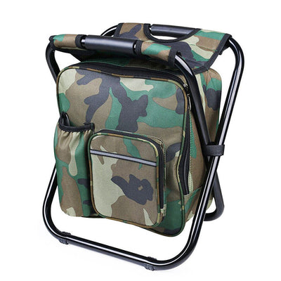 Camouflage-patterned folding stool with black frame on a white background