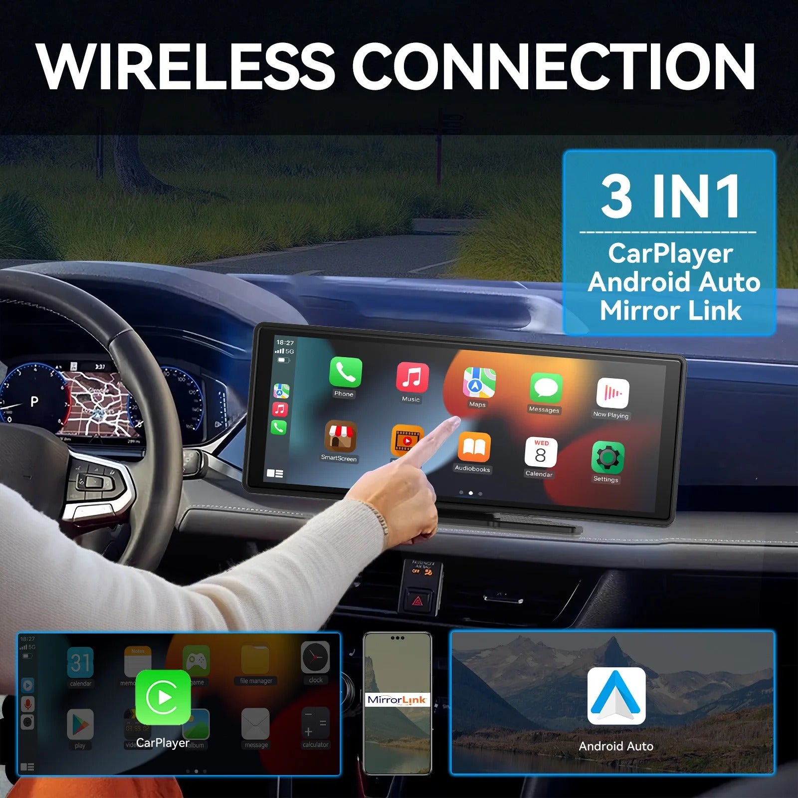 Universal Wireless CarPlay Screen with Android Auto and Touchscreen Car Display