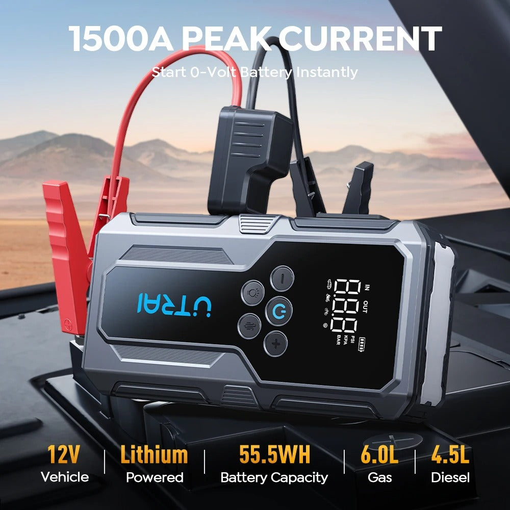 1500A Portable Car Jump Starter with Power Bank and 150PSI Air Pump for Emergency