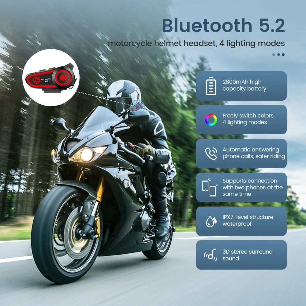 Motorcycle Helmet Bluetooth Headset - Hands-Free Calls, IPX7 Waterproof