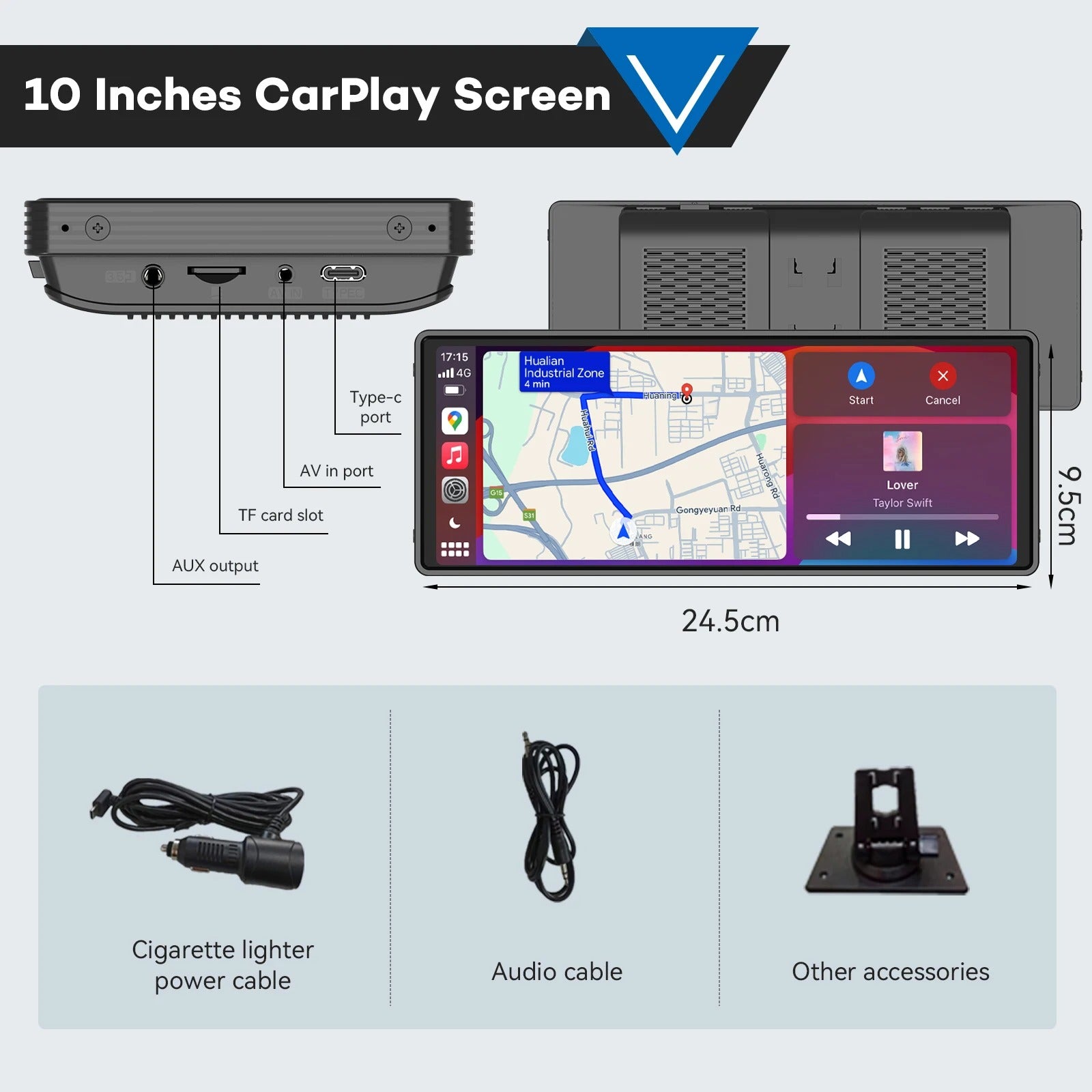 10.26" Wireless CarPlay Android Auto Screen with Dash Cam & Backup Camera