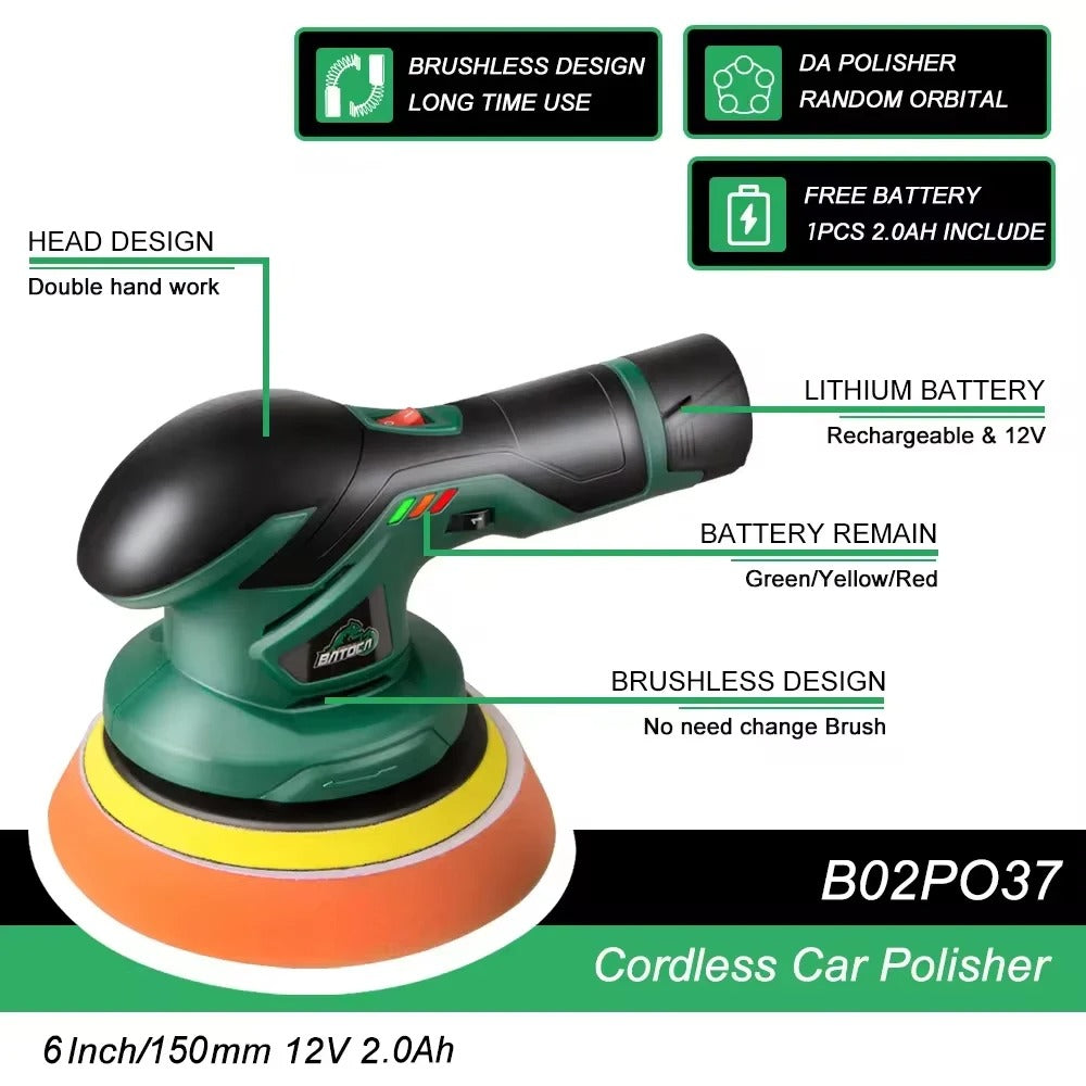 Cordless 12V Dual Action Car Polisher with Adjustable Speed and Wireless Operation