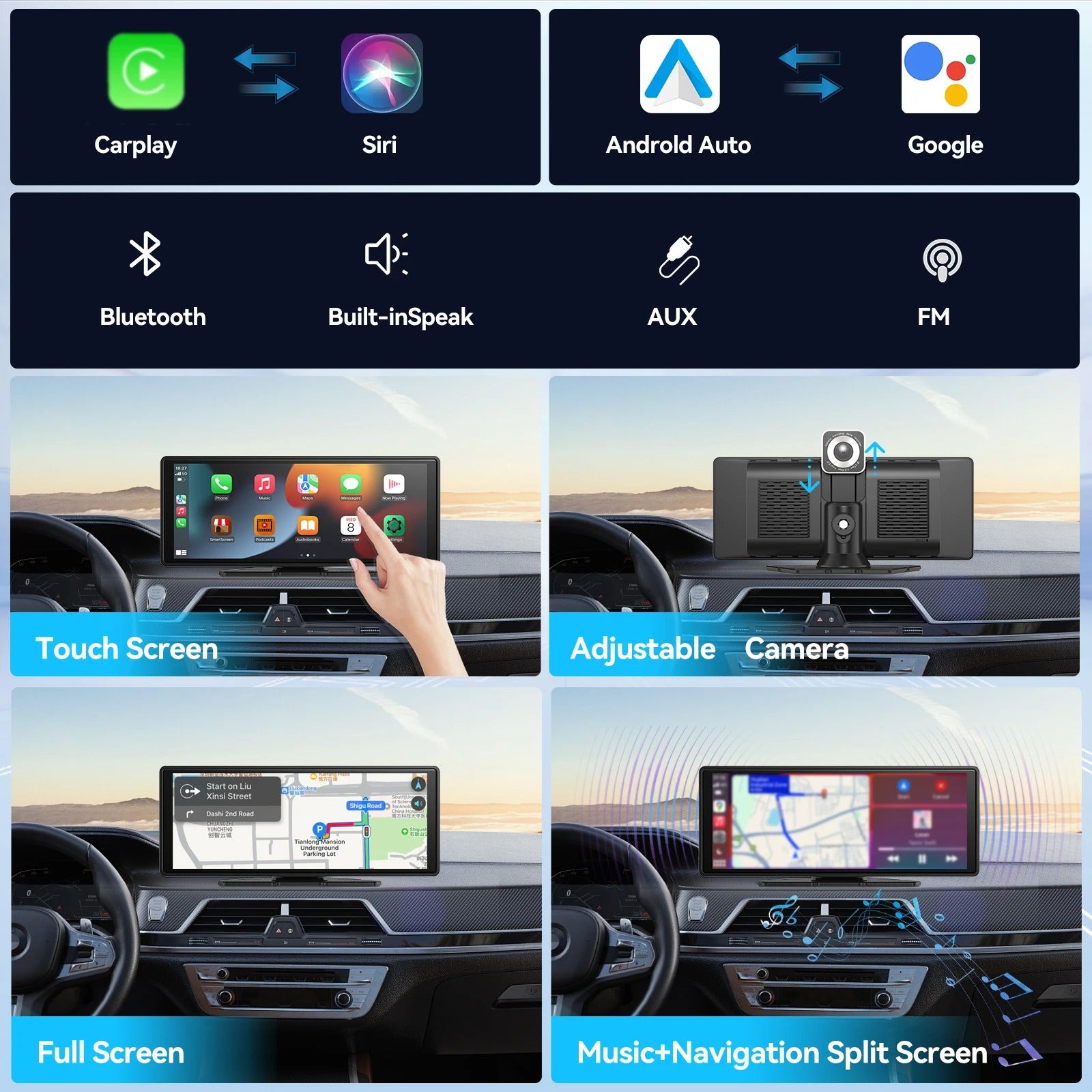 Universal Wireless CarPlay Screen with Android Auto and Touchscreen Car Display