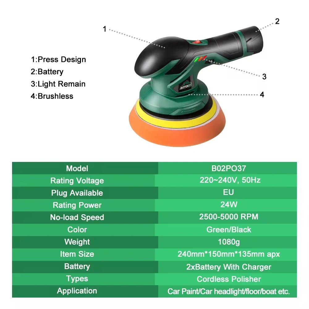 Cordless 12V Dual Action Car Polisher with Adjustable Speed and Wireless Operation
