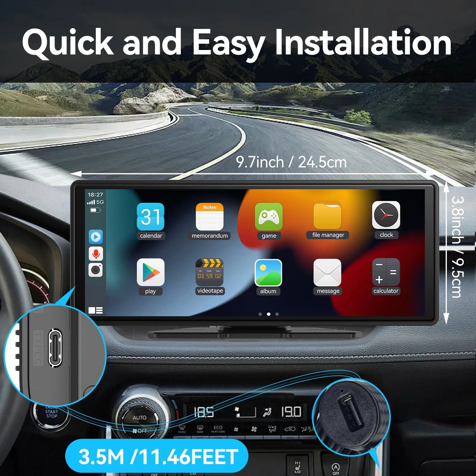 Universal Wireless CarPlay Screen with Android Auto and Touchscreen Car Display