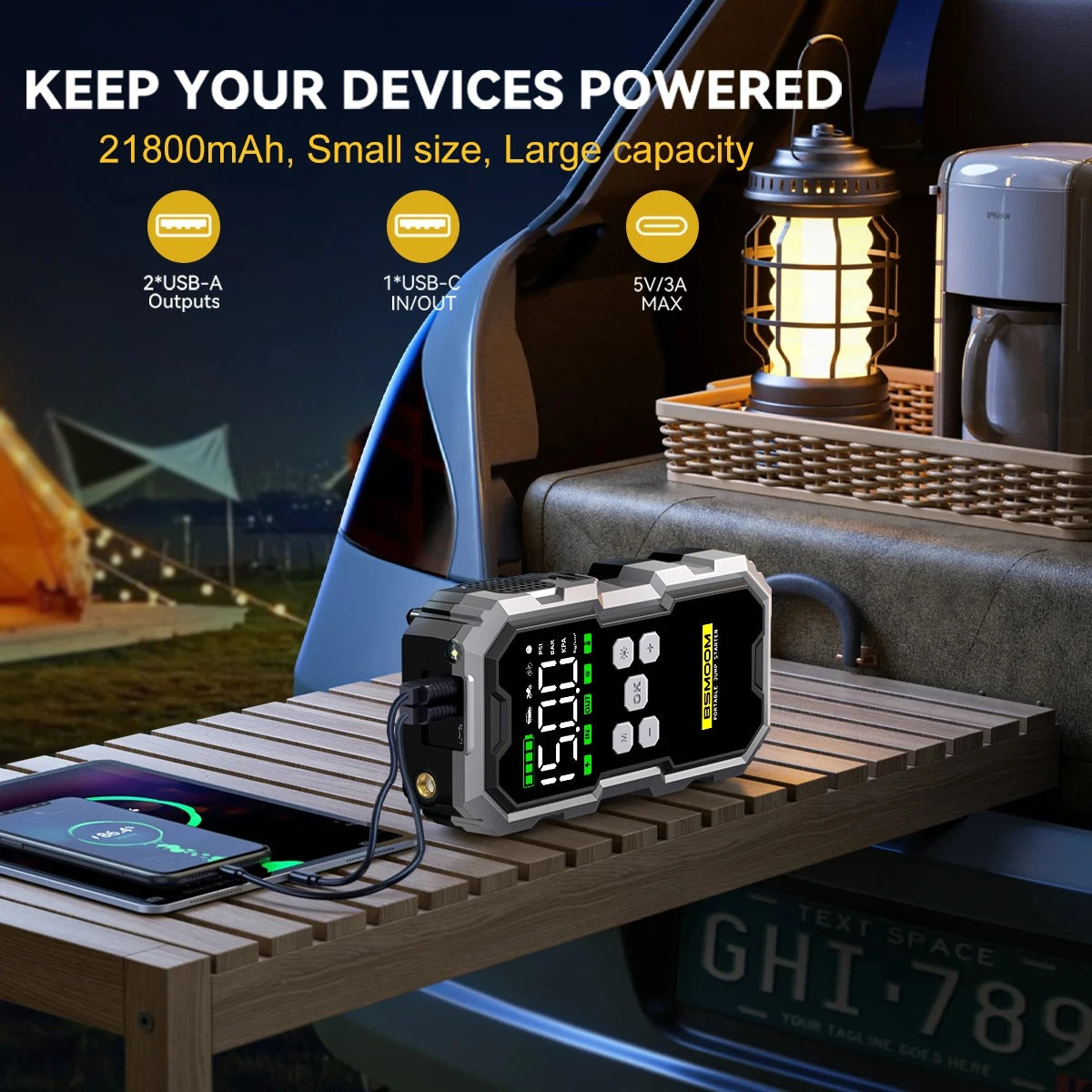 6000A Car Jump Starter with Air Compressor and LCD Display 21800mAh