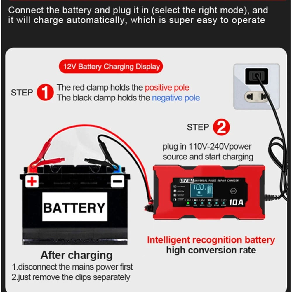 12V 10A Smart Car Battery Charger for Lithium LiFePO4 and Lead-Acid Agm Gel Batteries