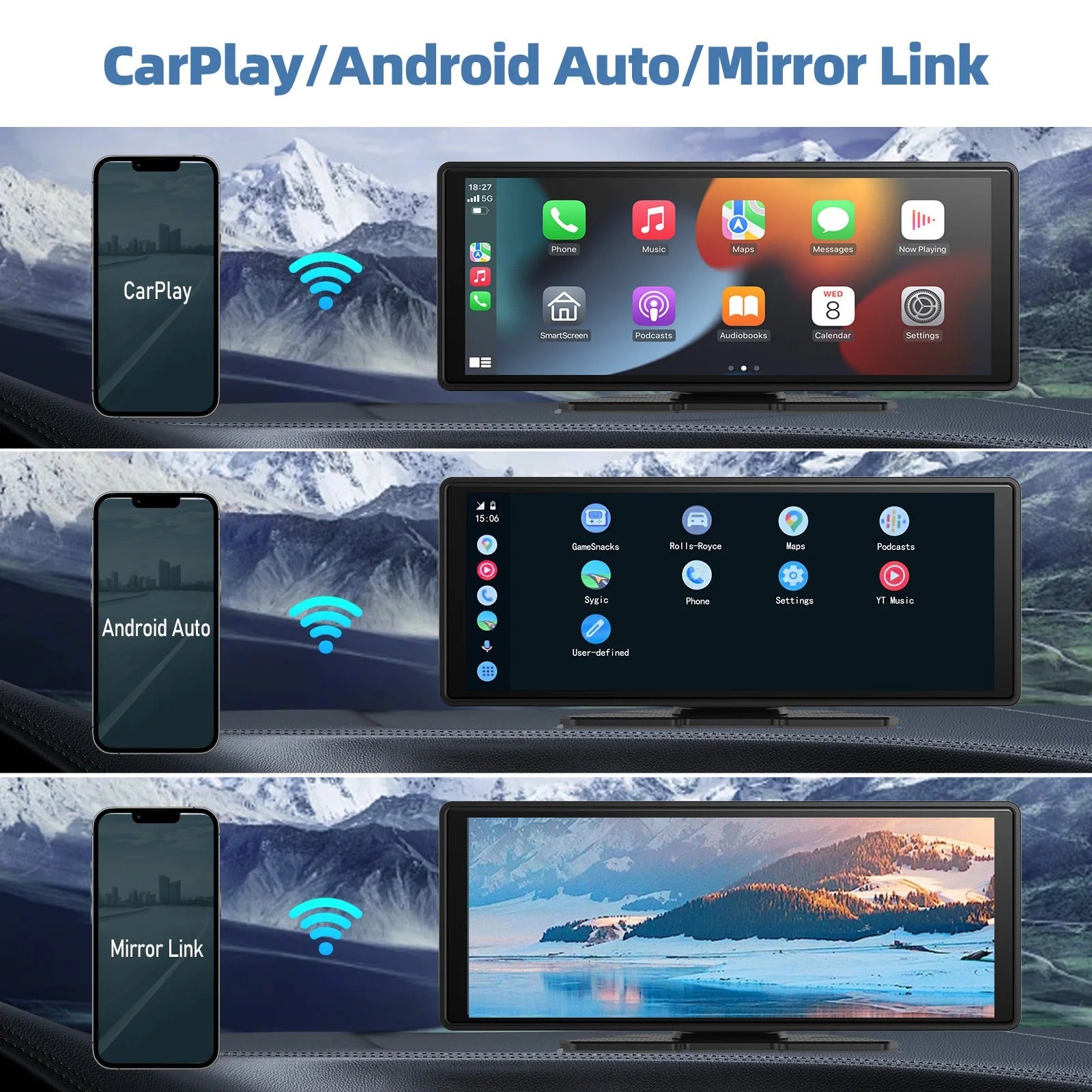 Universal Wireless CarPlay Screen with Android Auto and Touchscreen Car Display