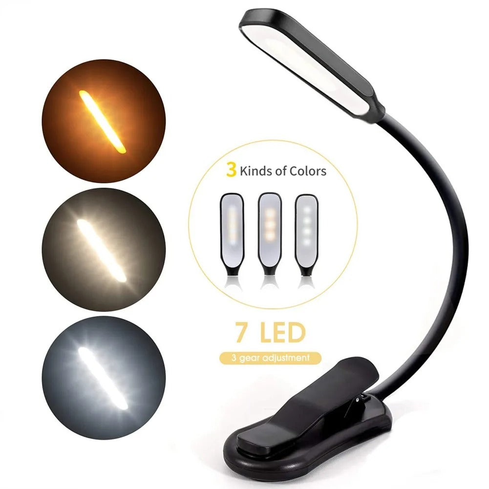 USB Rechargeable 7 LED Clip-On Book Light with 3 Color Modes