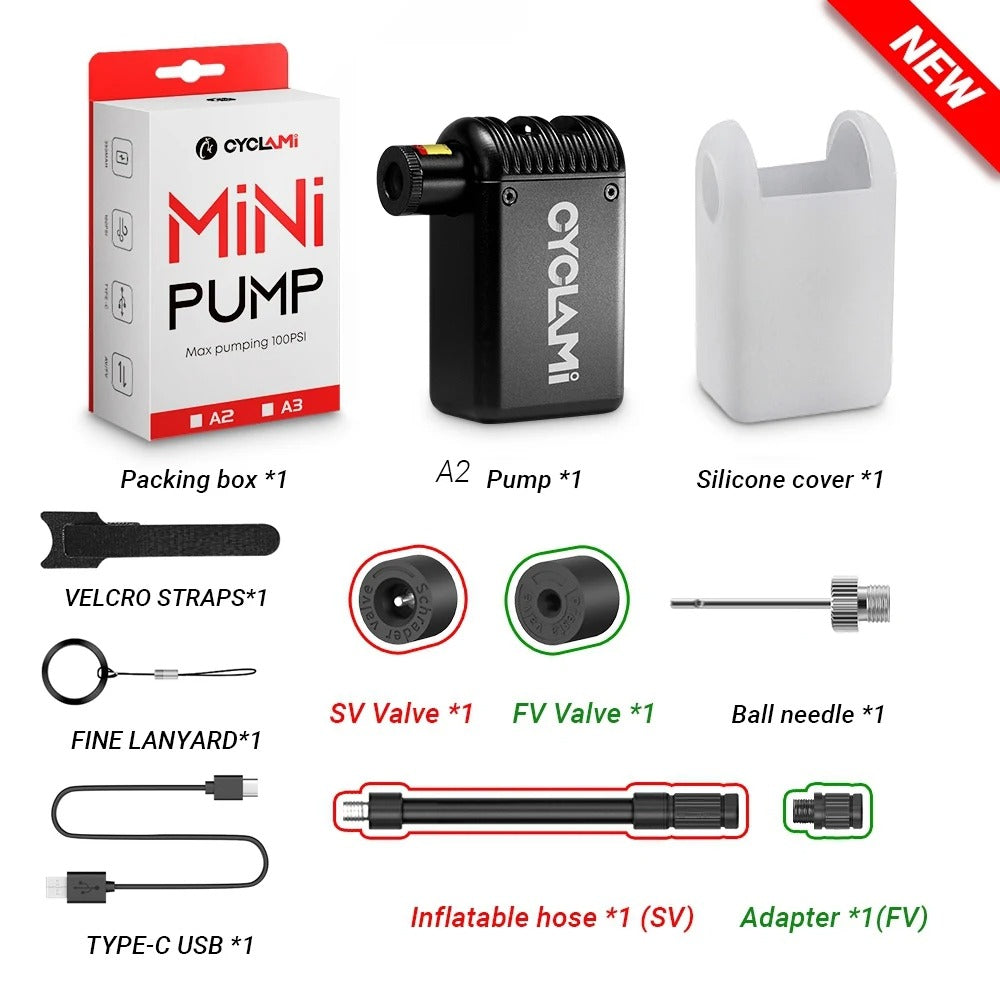 Mini Portable Electric Bike Tire Inflator with Presta and Schrader Valve Support