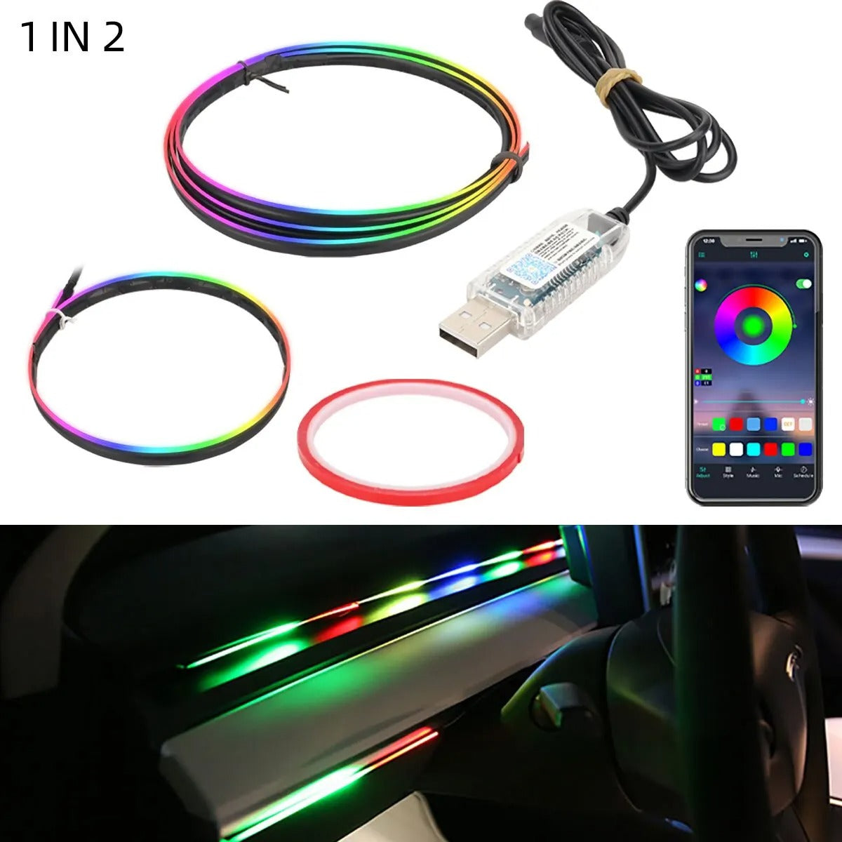 Car Led Ambient Light Strip RGB 64 Colors USB Interior Atmosphere Lamp