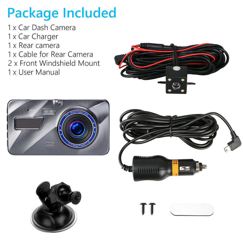 1080P Dual Dash Cam - Front and Rear Car DVR with Night Vision