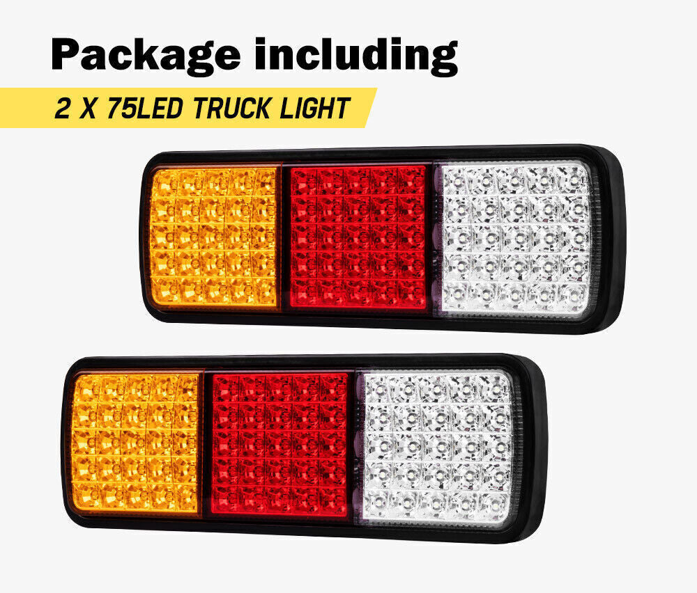 2 x 75 LED Tail Lights - Stop Reverse Indicator - 12V for Ute Trailer Caravan Truck Boat