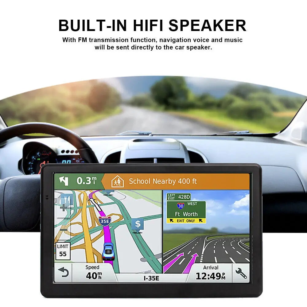 A 7-inch car GPS navigation system displaying a map on its screen ...