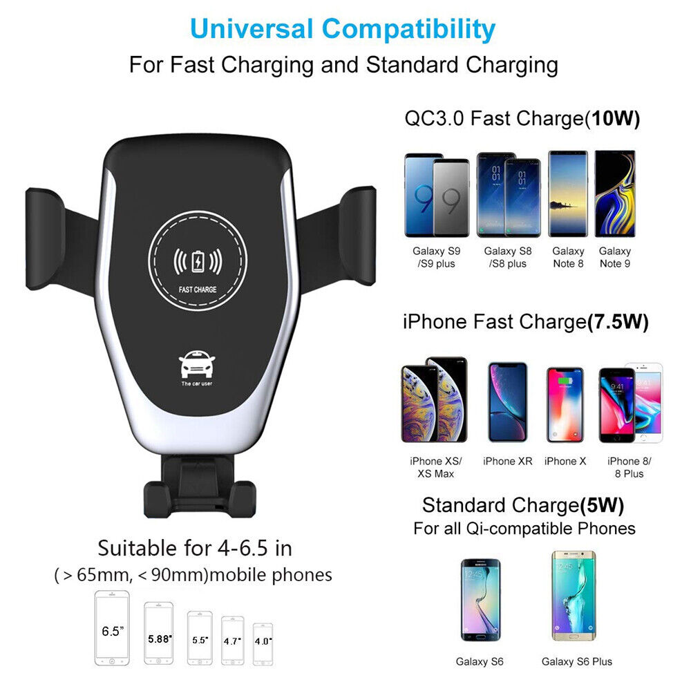 Wireless Car Charger and Gravity Phone Holder for Air Vent and Dash