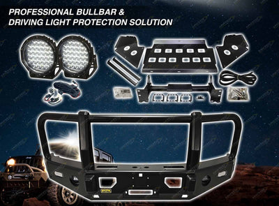 4x4 Force bullbar and driving light protection solution with product details on a dark background.